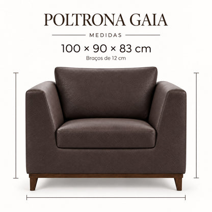 Infográfico de medidas da Poltrona Gaia em couro Café