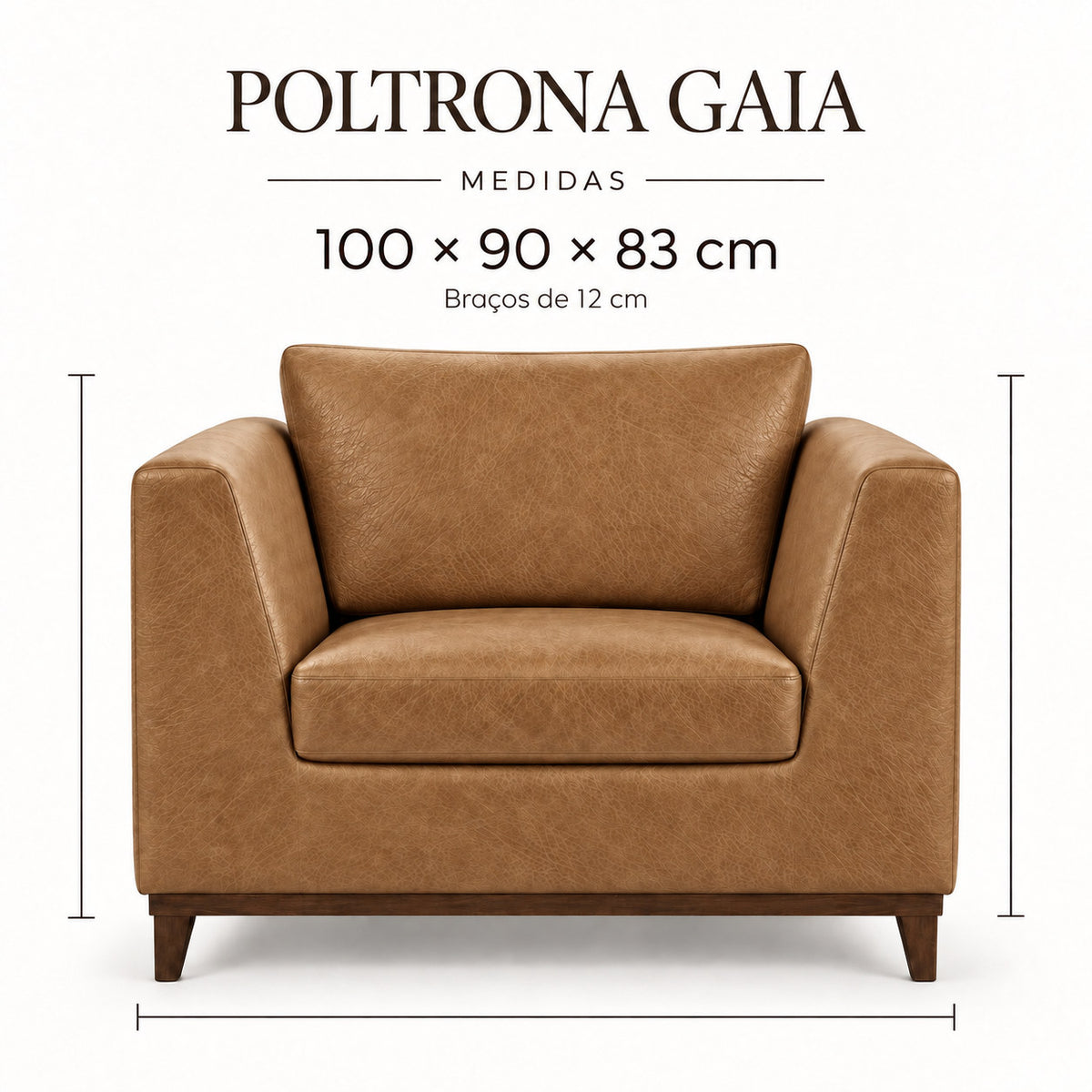 Infográfico de medidas da Poltrona Gaia em couro Caramelo
