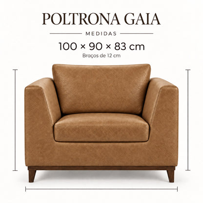 Infográfico de medidas da Poltrona Gaia em couro Caramelo