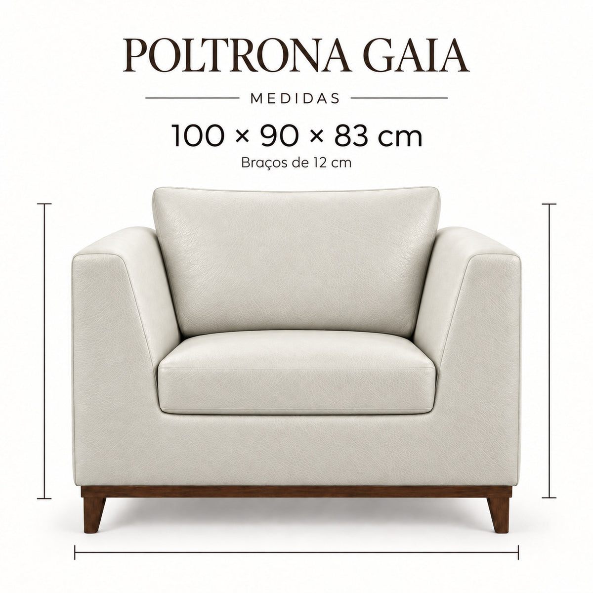 Infográfico de medidas da Poltrona Gaia em couro Off White