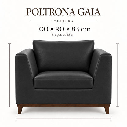 Infográfico de medidas da Poltrona Gaia em couro Preto Grafite