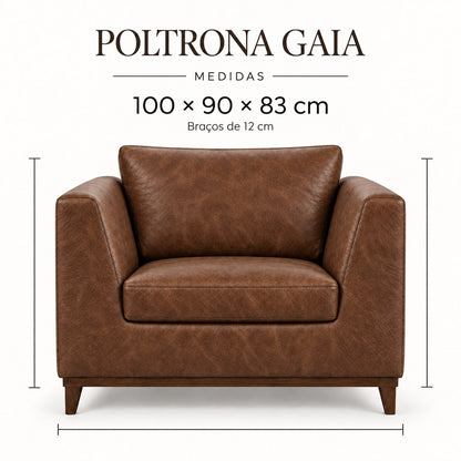 Infográfico de medidas da Poltrona Gaia em couro Tabaco