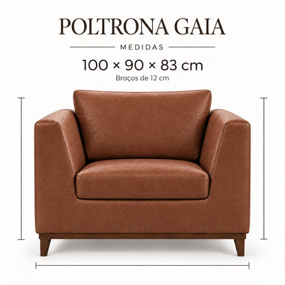 Infográfico de medidas da Poltrona Gaia em couro Terracota