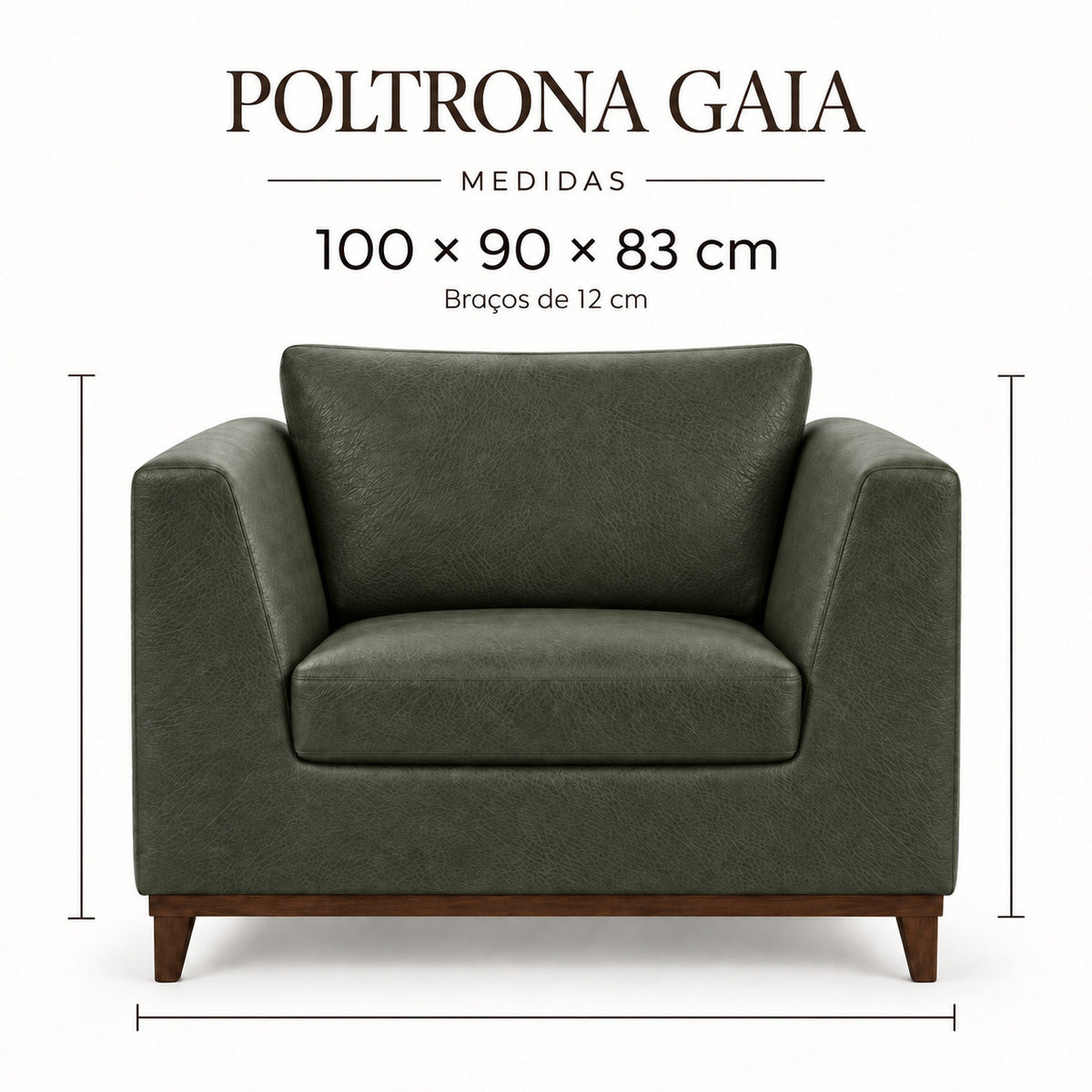 Infográfico de medidas da Poltrona Gaia em couro Verde Esmeralda