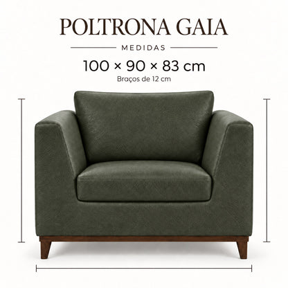 Infográfico de medidas da Poltrona Gaia em couro Verde Esmeralda