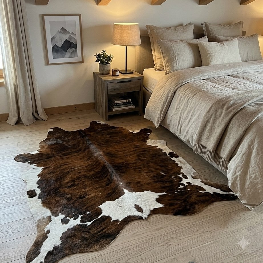 Tapete Bovino Natural Brazino Escuro e Branco I BZE1075 I 1,76x1,98m em Couro Legítimo