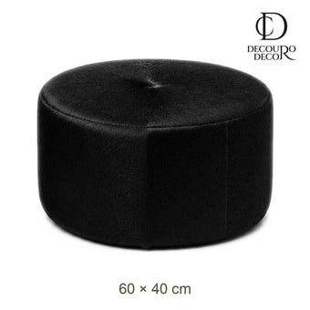 Puff Redondo em Couro Bovino Natural Preto 60x40 cm Tamanho Médio