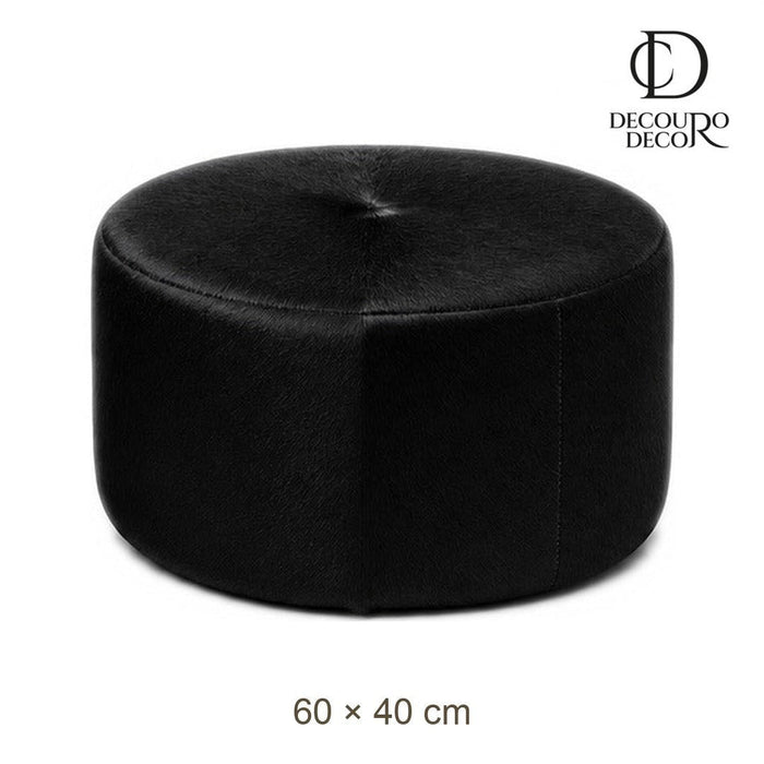 Puff Redondo em Couro Bovino Natural Preto 60x40 cm Tamanho Médio — fundo branco