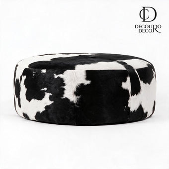 Puff de Couro Bovino Redondo Preto e Branco Tamanho Grande 80x40 cm