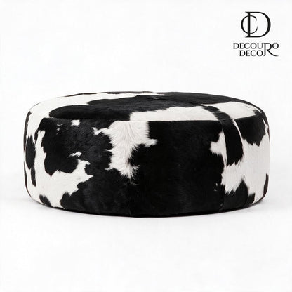 Puff de Couro Bovino Redondo Preto e Branco Tamanho Grande 80x40 cm - Pronta Entrega