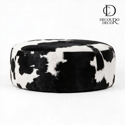 Puff de Couro Bovino Redondo Preto e Branco 80x40 cm