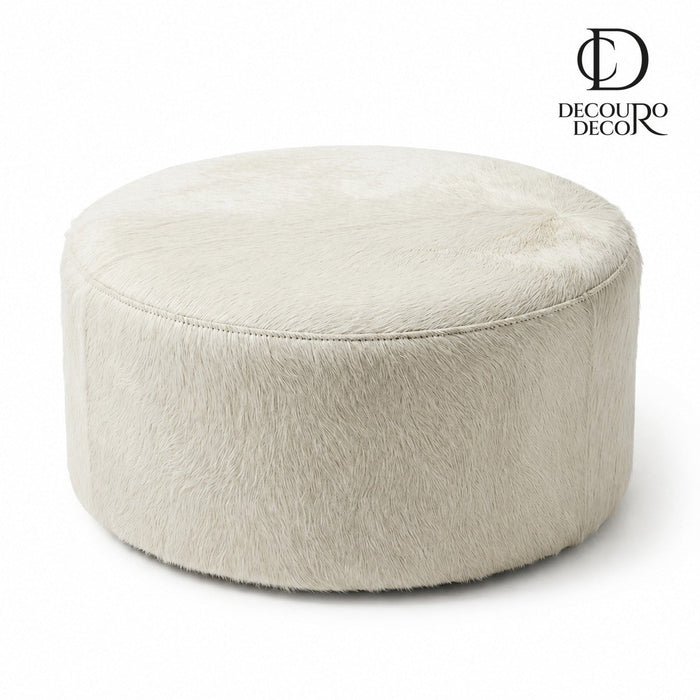 Puff Redondo em Couro Bovino Natural Branco 80x40 cm Tamanho Grande