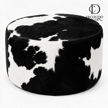 Puff Redondo de Couro Bovino Preto e Branco — Médio 60x40 cm (foto principal)