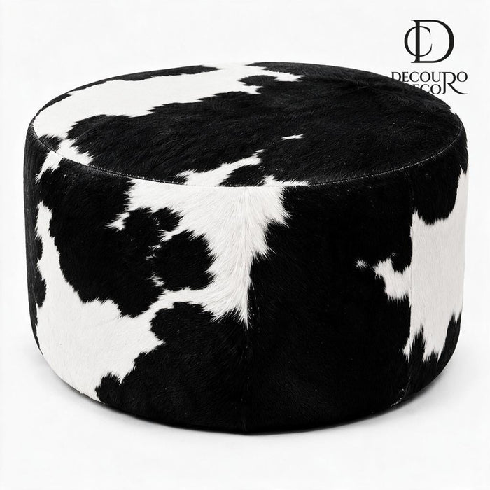 Puff de Couro Bovino Redondo Preto e Branco – Médio (60 x 40 cm) — fundo branco
