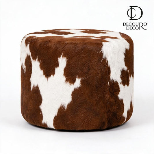 Puff Redondo em Couro Bovino Natural Marrom e Branco Premium 40x40 cm Tamanho Pequeno