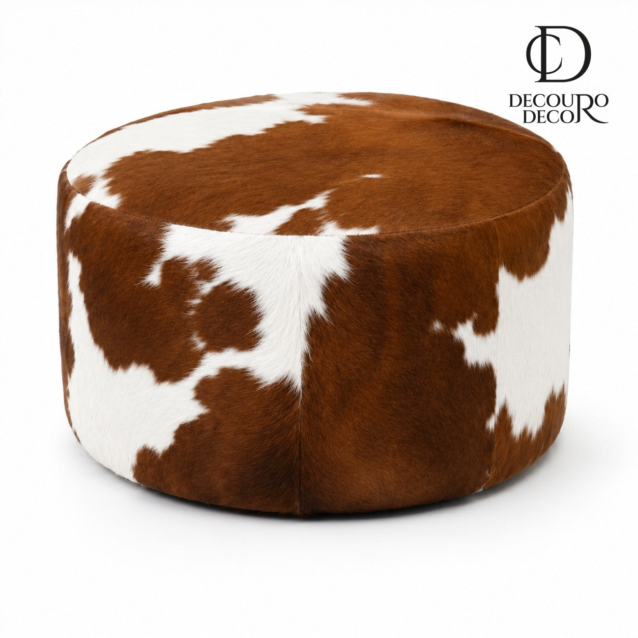 Puff de Couro Bovino Redondo Marrom e Branco – Premium – Médio (60×40 cm)