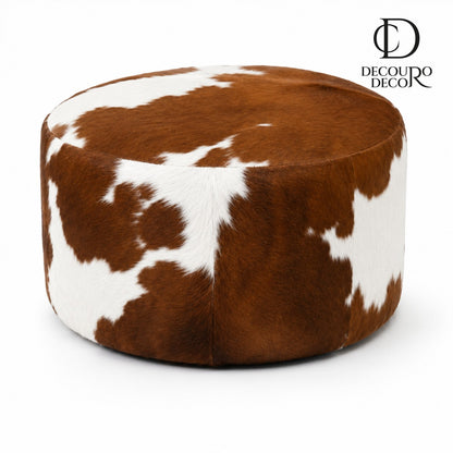 Puff de Couro Bovino Redondo Marrom e Branco – Premium – Médio (60×40 cm)