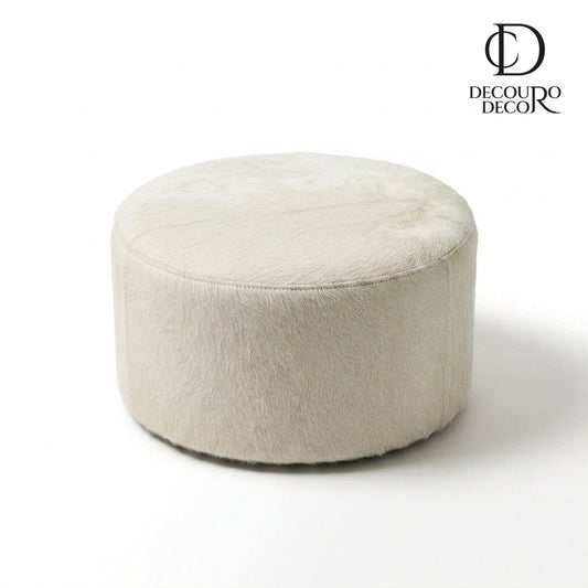 Puff Redondo em Couro Bovino Natural Branco 60x40 cm Tamanho Médio