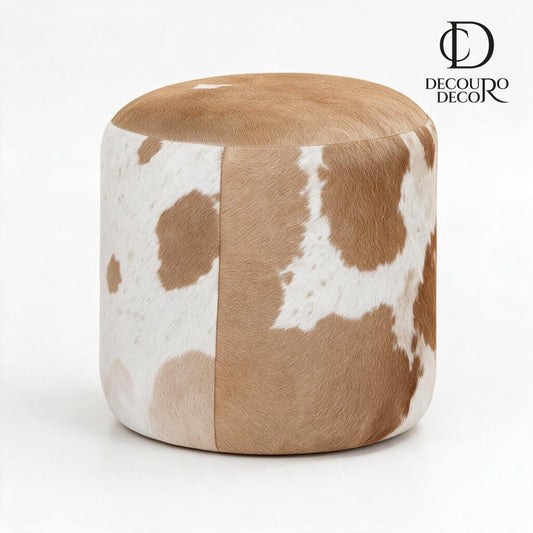 Puff Redondo em Couro Bovino Natural Bege e Branco 40x40 cm Tamanho Pequeno