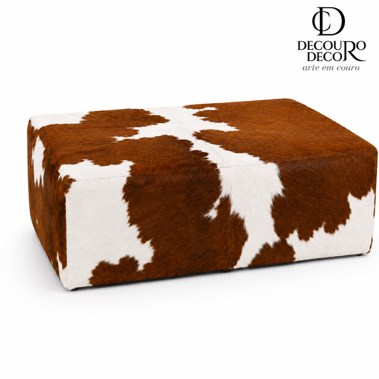 Puff Premium Retangular em couro bovino natural marrom e branco - DECOURO