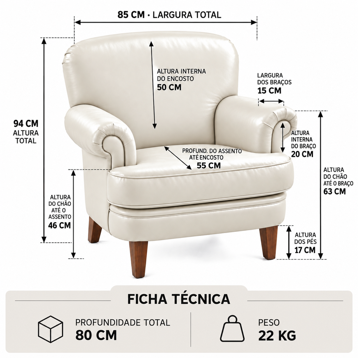 Poltrona Kansas Marfim em Couro Legítimo | DECOURO — infográfico completo de medidas