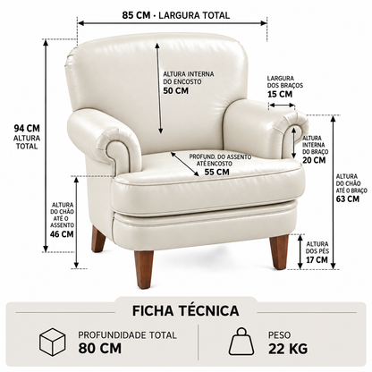 Poltrona Kansas Marfim em Couro Legítimo | DECOURO — infográfico completo de medidas