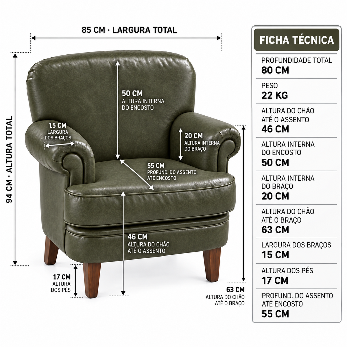 Poltrona Kansas Verde Oliva em Couro Legítimo | DECOURO — infográfico completo de medidas