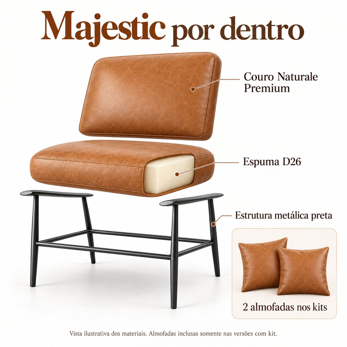 Majestic — materiais: Couro Naturale Premium, espuma D26 e estrutura metálica