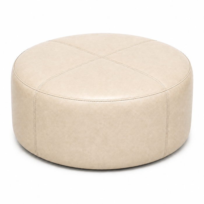 Puff Redondo em Couro Premium Liso Waxy Marfim