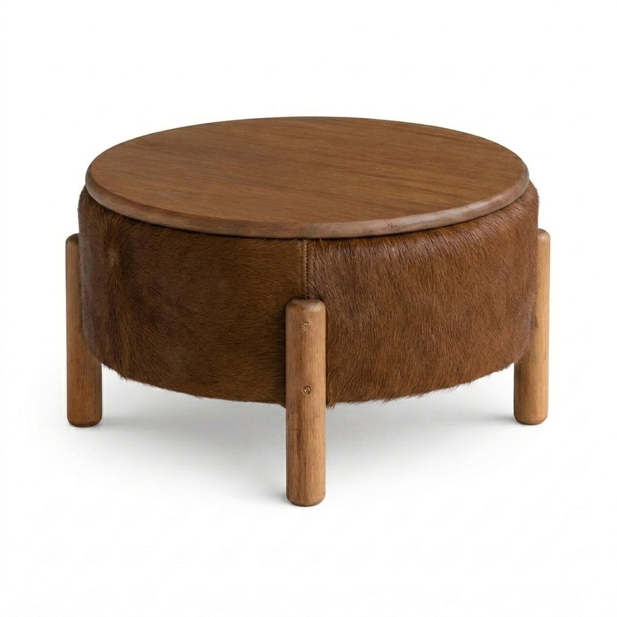 Mesa de Centro Redonda em Madeira e Couro Natural Marrom 55x32cm