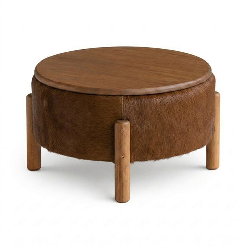 Mesa de Centro Redonda em Madeira e Couro Natural Marrom 55x32cm