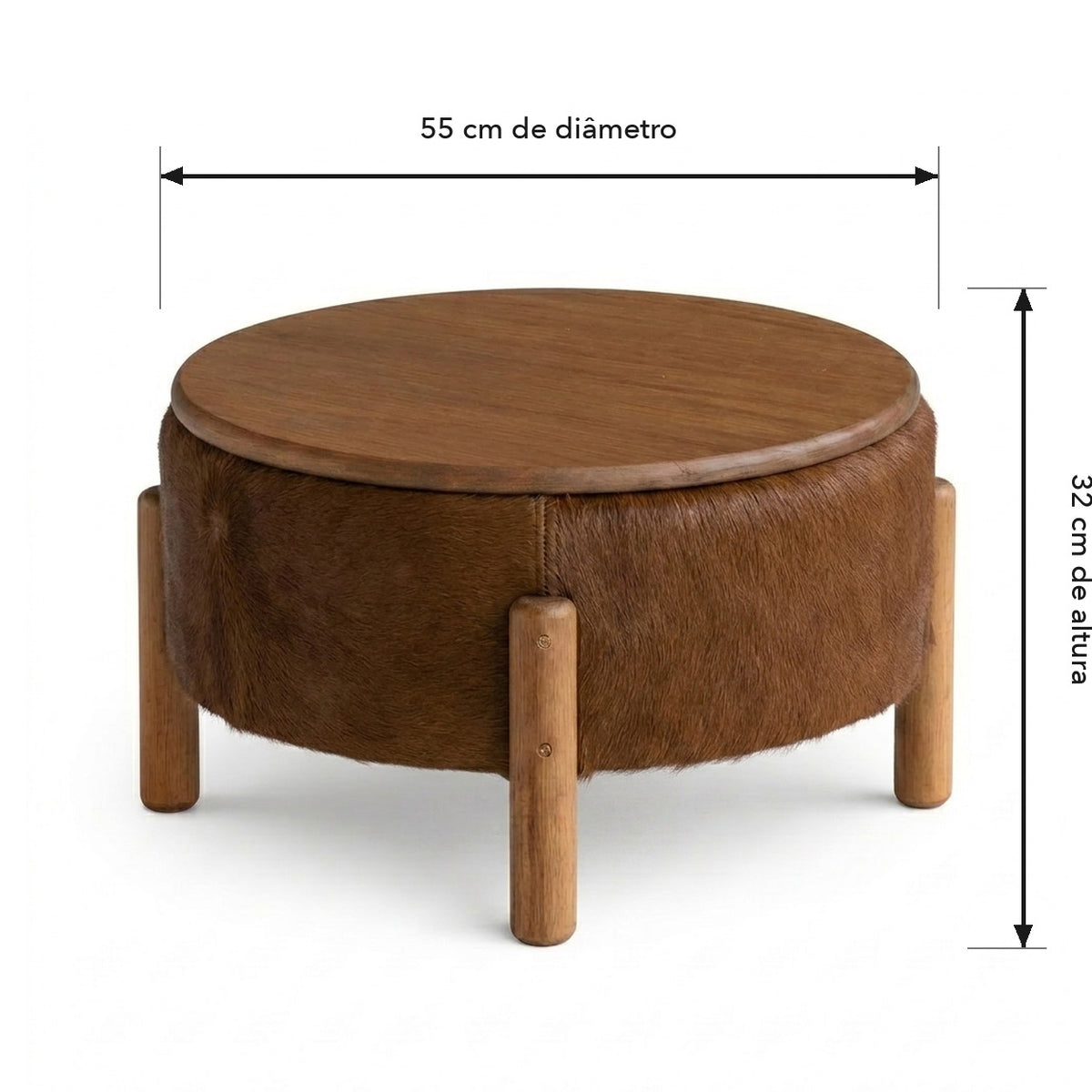 Mesa de Centro Redonda em Madeira e Couro Natural Marrom 55x32cm — 55 cm de diâmetro × 32 cm de altura