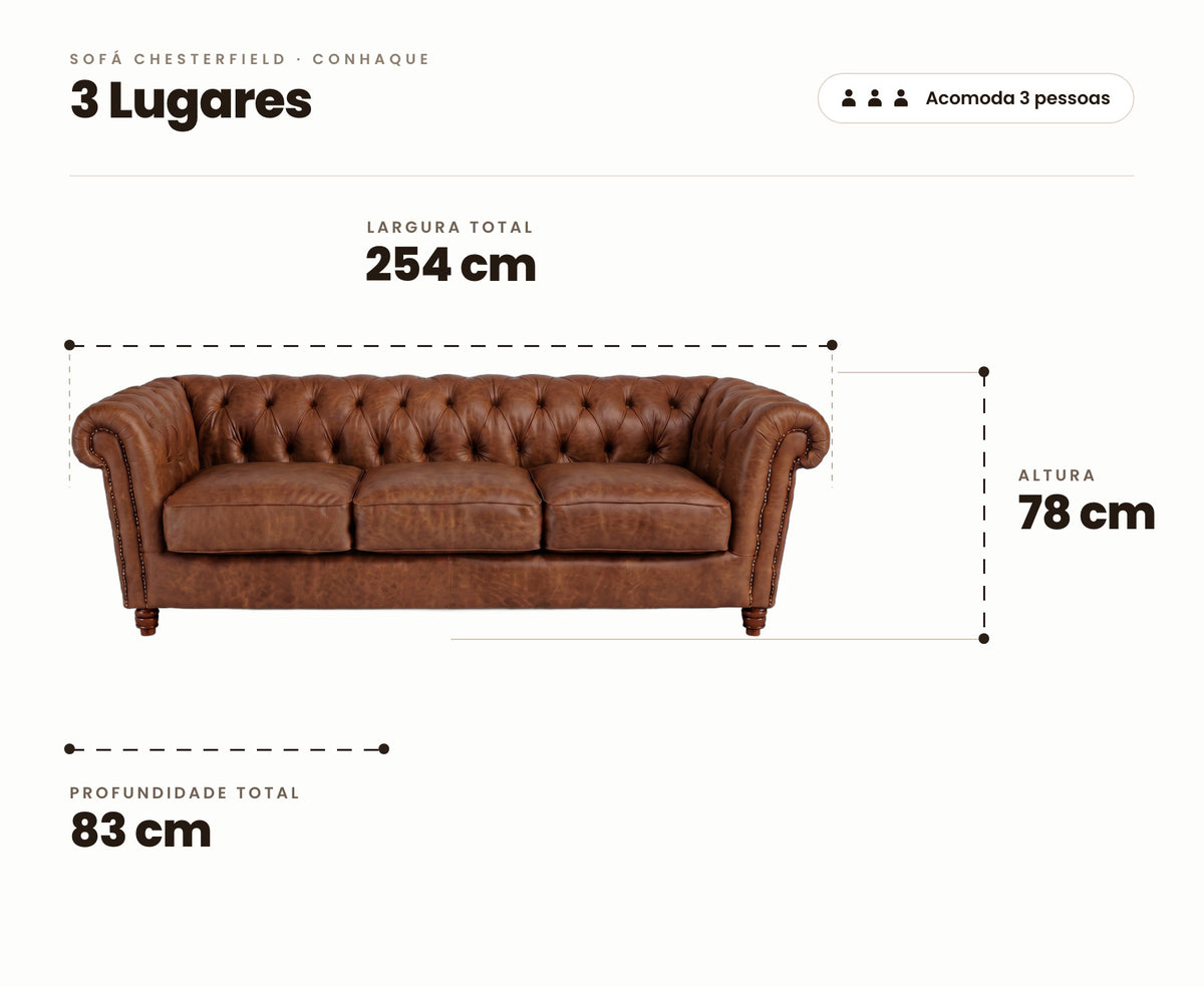 Medidas do Sofá Chesterfield Tabaco 3 lugares: 254 cm de largura, 83 cm de profundidade e 78 cm de altura