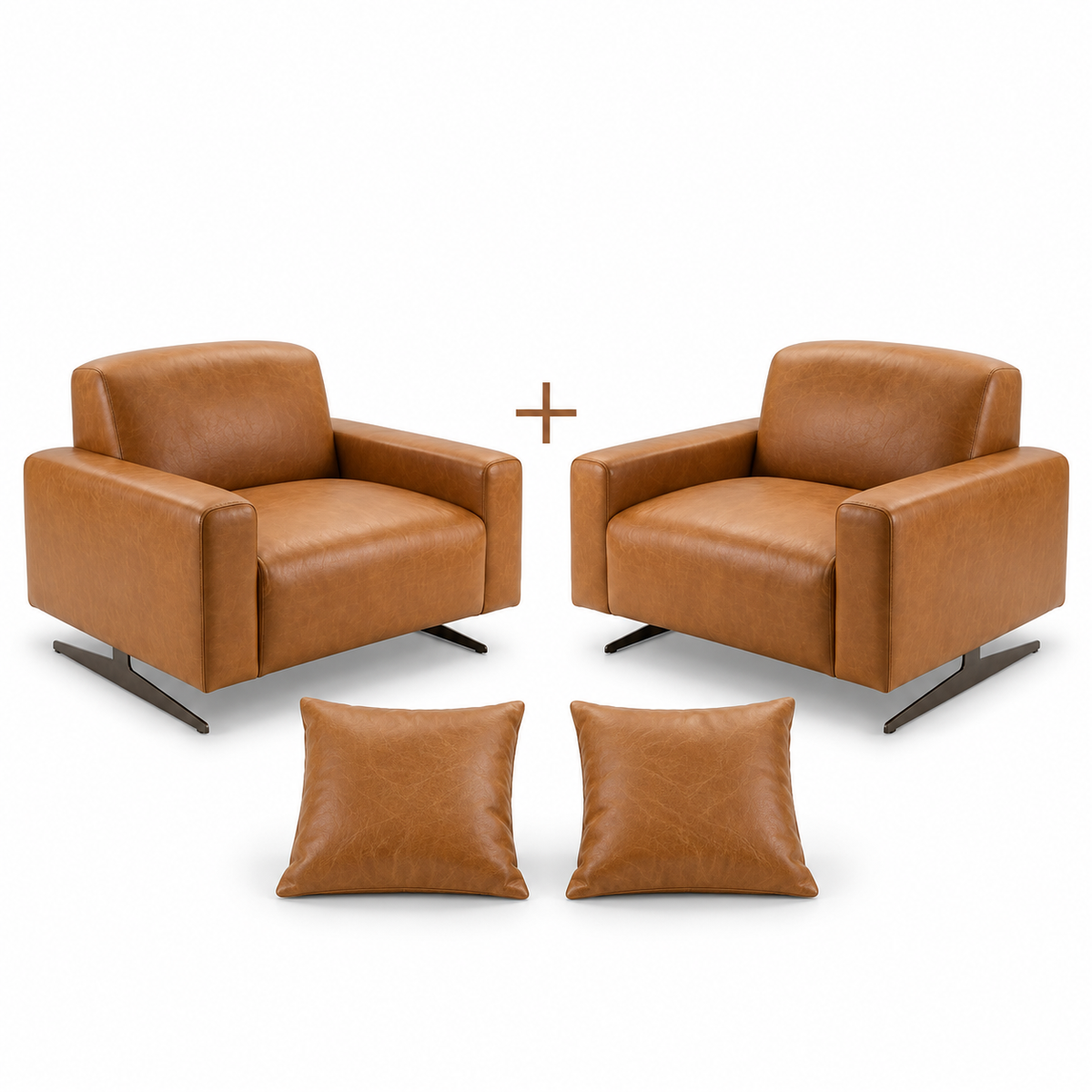 Conjunto de duas Poltronas Moscou Caramelo com duas almofadas quadradas em fundo branco
