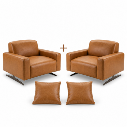 Conjunto de duas Poltronas Moscou Caramelo com duas almofadas quadradas em fundo branco