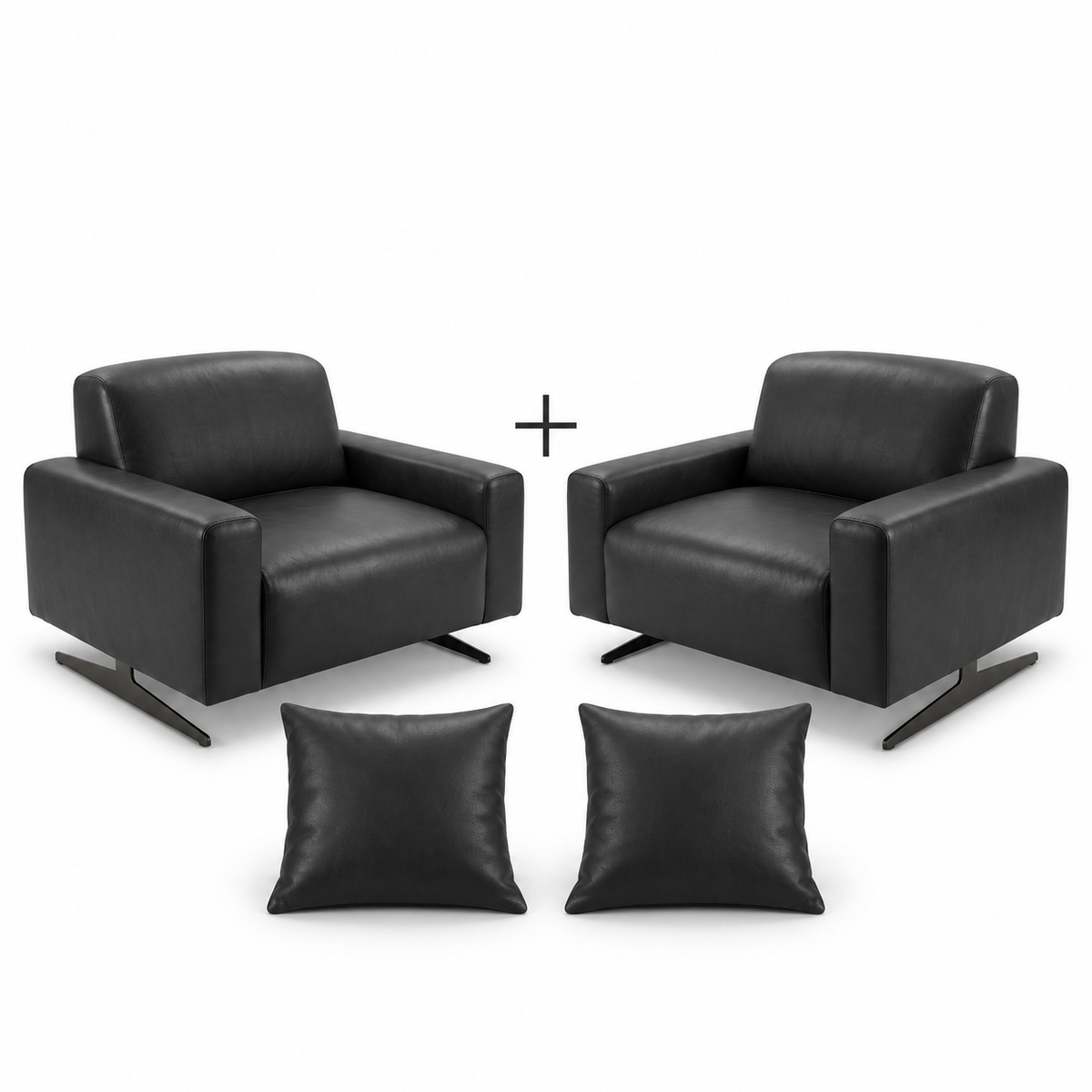 Conjunto de duas Poltronas Moscou Preto Grafite com duas almofadas quadradas em fundo branco