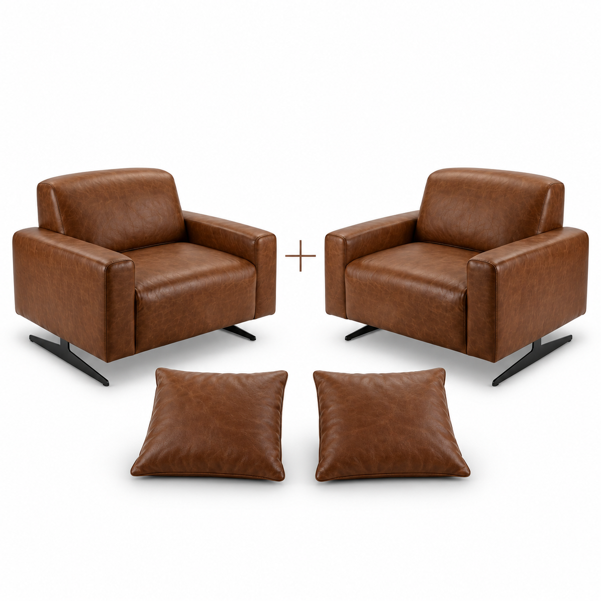 Conjunto de duas Poltronas Moscou Tabaco com duas almofadas quadradas em fundo branco