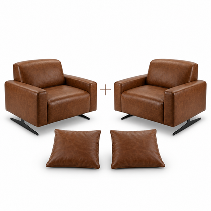 Conjunto de duas Poltronas Moscou Tabaco com duas almofadas quadradas em fundo branco