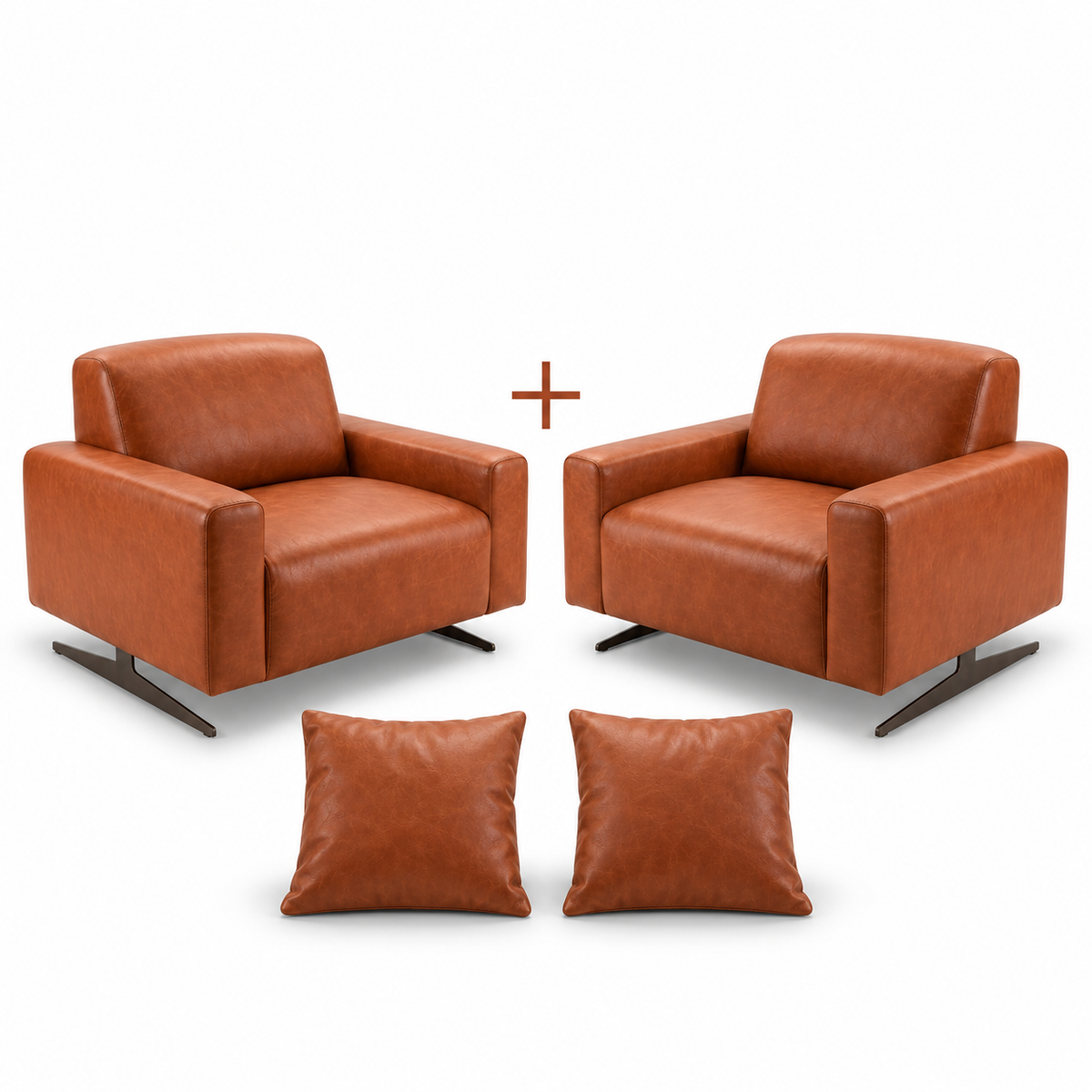 Conjunto de duas Poltronas Moscou Terracota com duas almofadas quadradas em fundo branco