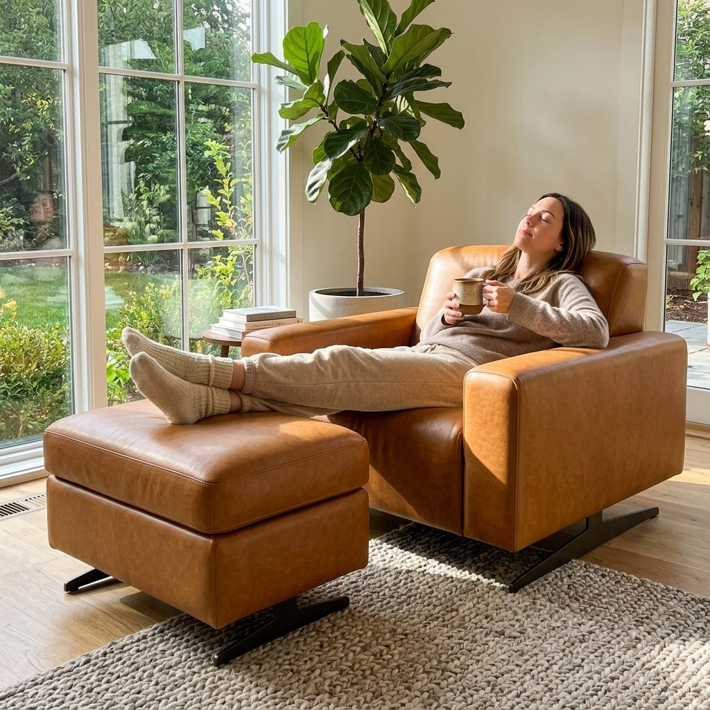 Experiência de uso e conforto relaxante com a Poltrona Moscou e apoio de pés no Puff