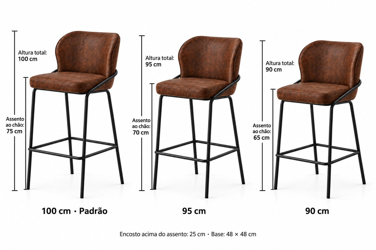 Banqueta Nature tabaco: comparação das alturas 100, 95 e 90 cm, com assento a 75, 70 e 65 cm do chão