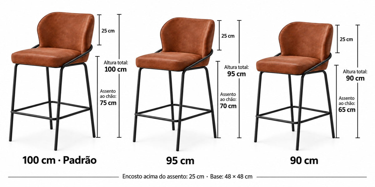 Banqueta Nature terracota: comparação das alturas 100, 95 e 90 cm, com assento a 75, 70 e 65 cm do chão