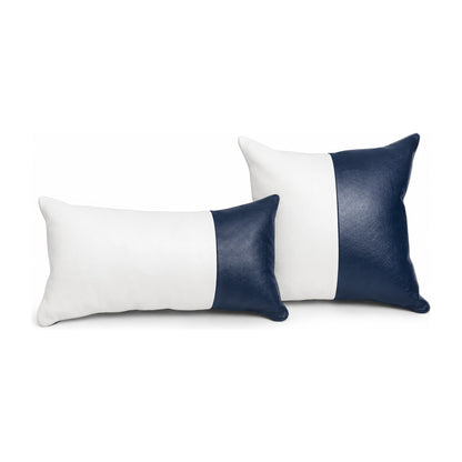 Conjunto com 02 almofadas DUE em couro legítimo azul navy e branco
