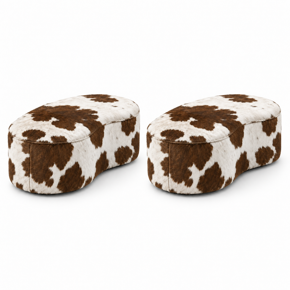 Kit com dois Puff Onda Orgânico em Couro Bovino Marrom e Branco