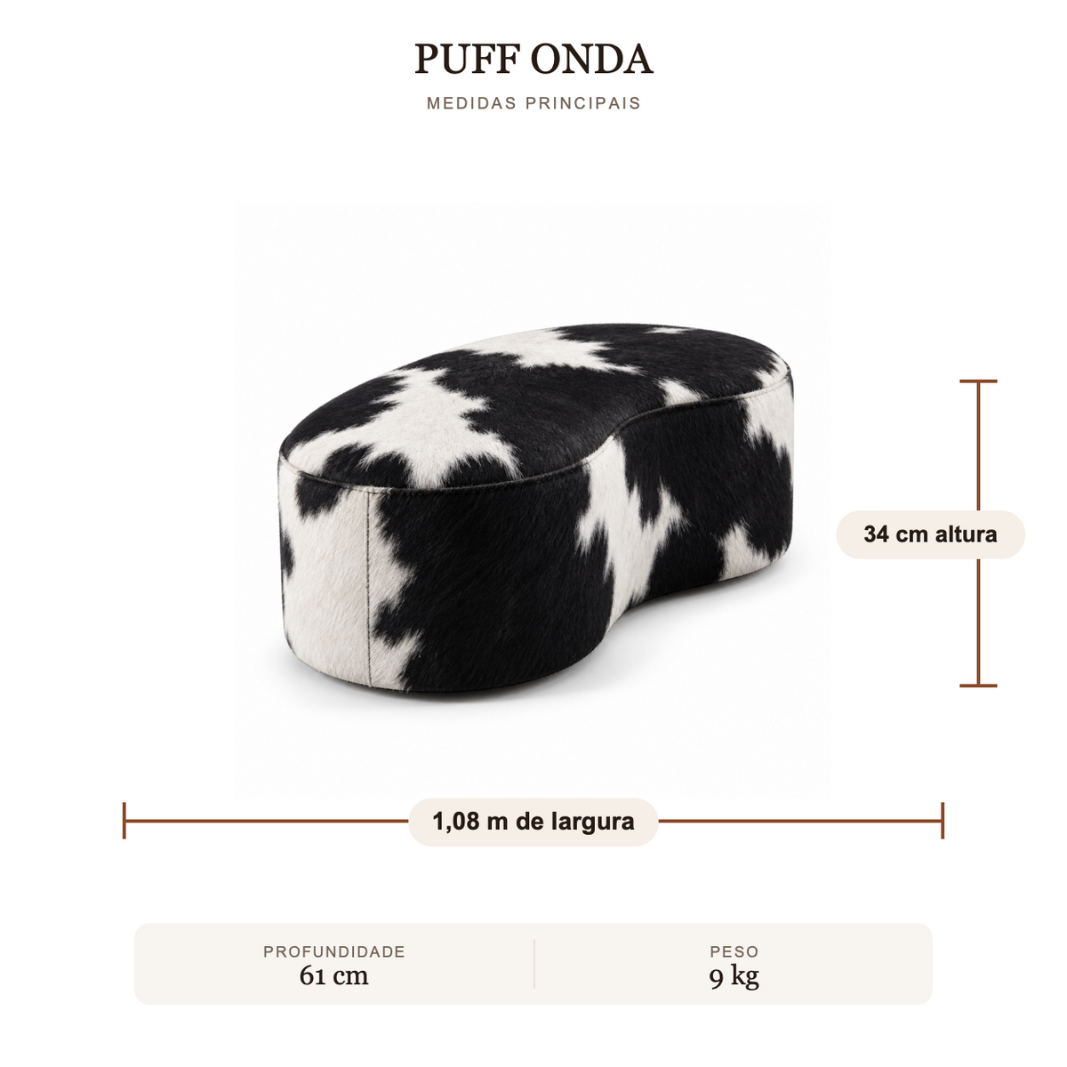 Puff Onda Orgânico em Couro Bovino Preto e Branco — medidas e peso