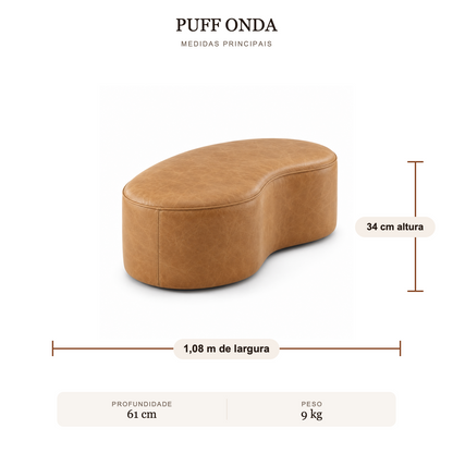 Puff Onda Orgânico em Couro Caramelo — medidas e peso