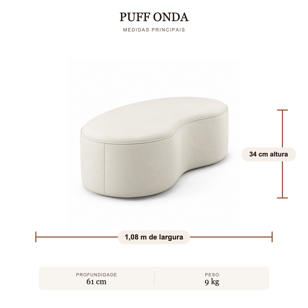 Puff Onda Orgânico em Couro Off White — medidas e peso
