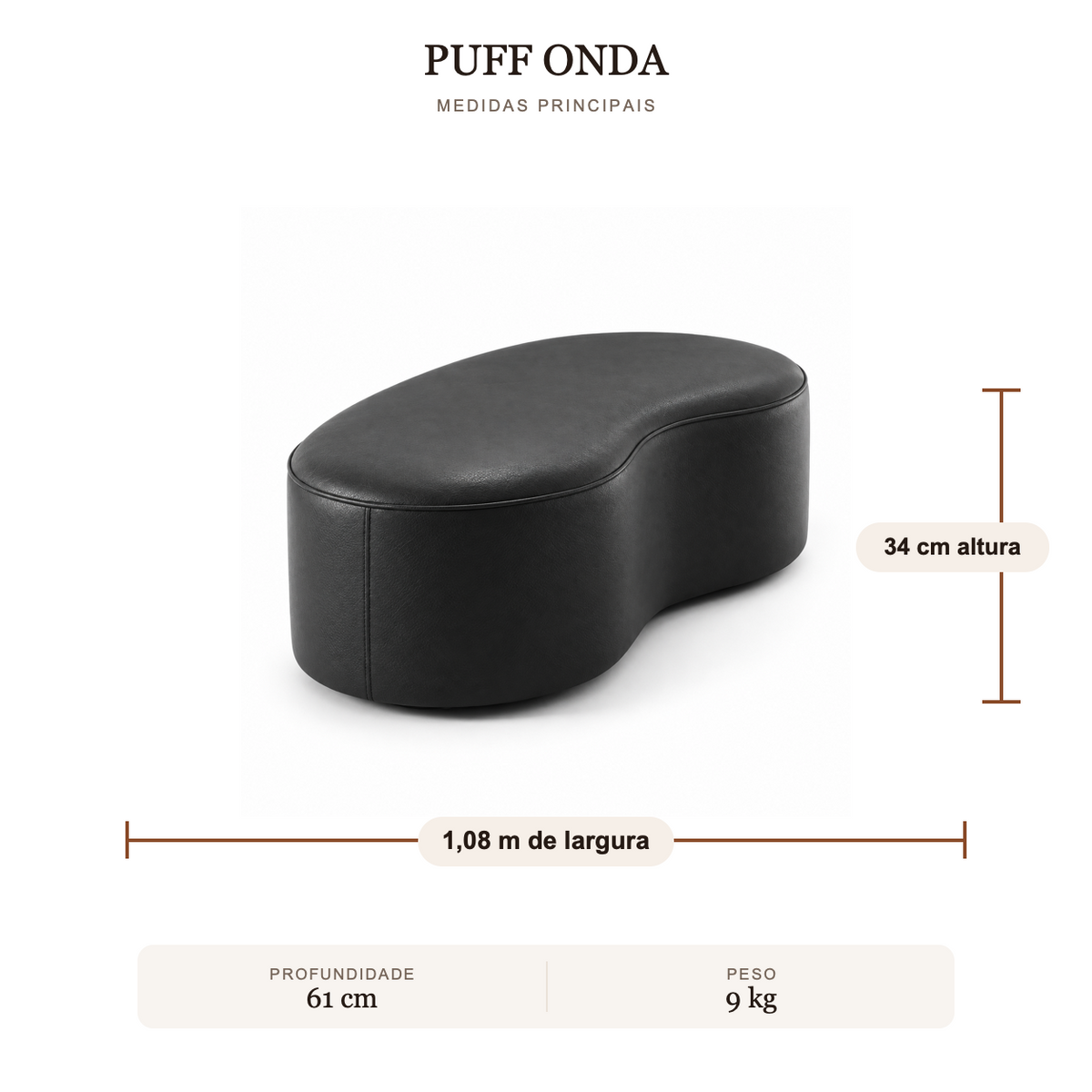 Puff Onda Orgânico em Couro Preto — medidas e peso