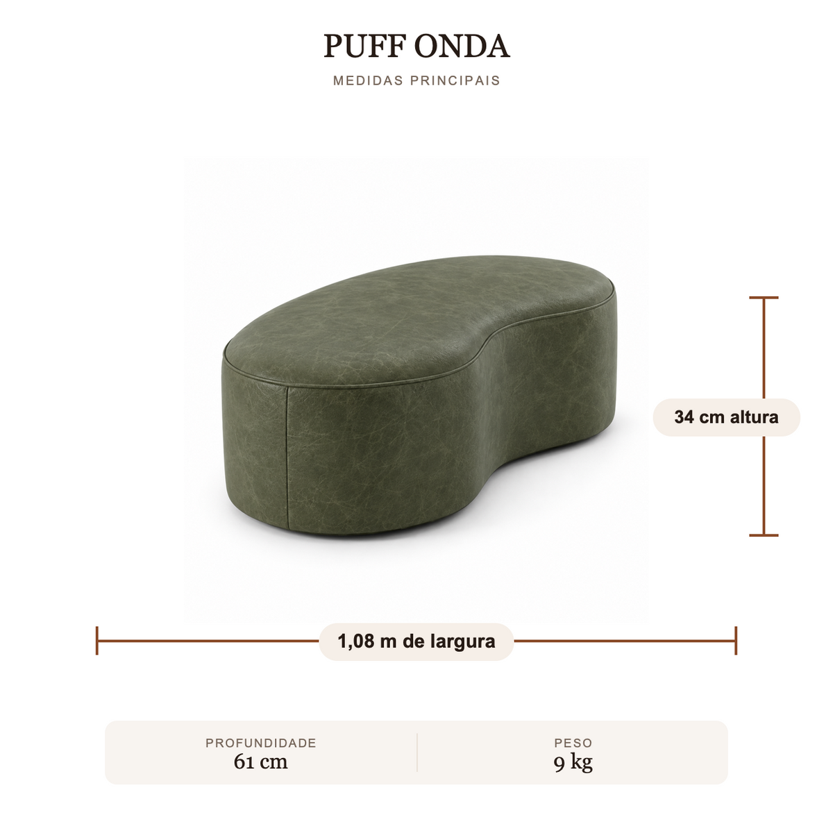Puff Onda Orgânico em Couro Verde Esmeralda — medidas e peso