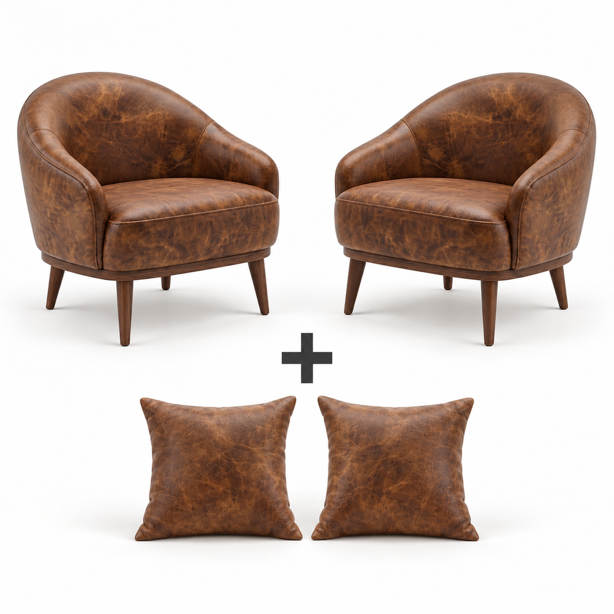 Conjunto com 2 Poltronas Paris Caramelo e 2 almofadas em couro legítimo caramelo